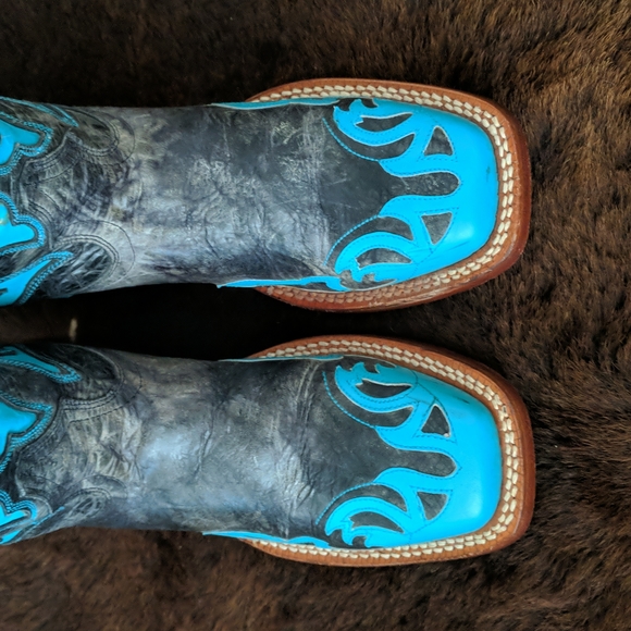 JOHNNY RINGO E1385 charcoal gray & turquoise wing tip boots square toe sz 6.5B - Picture 9 of 16